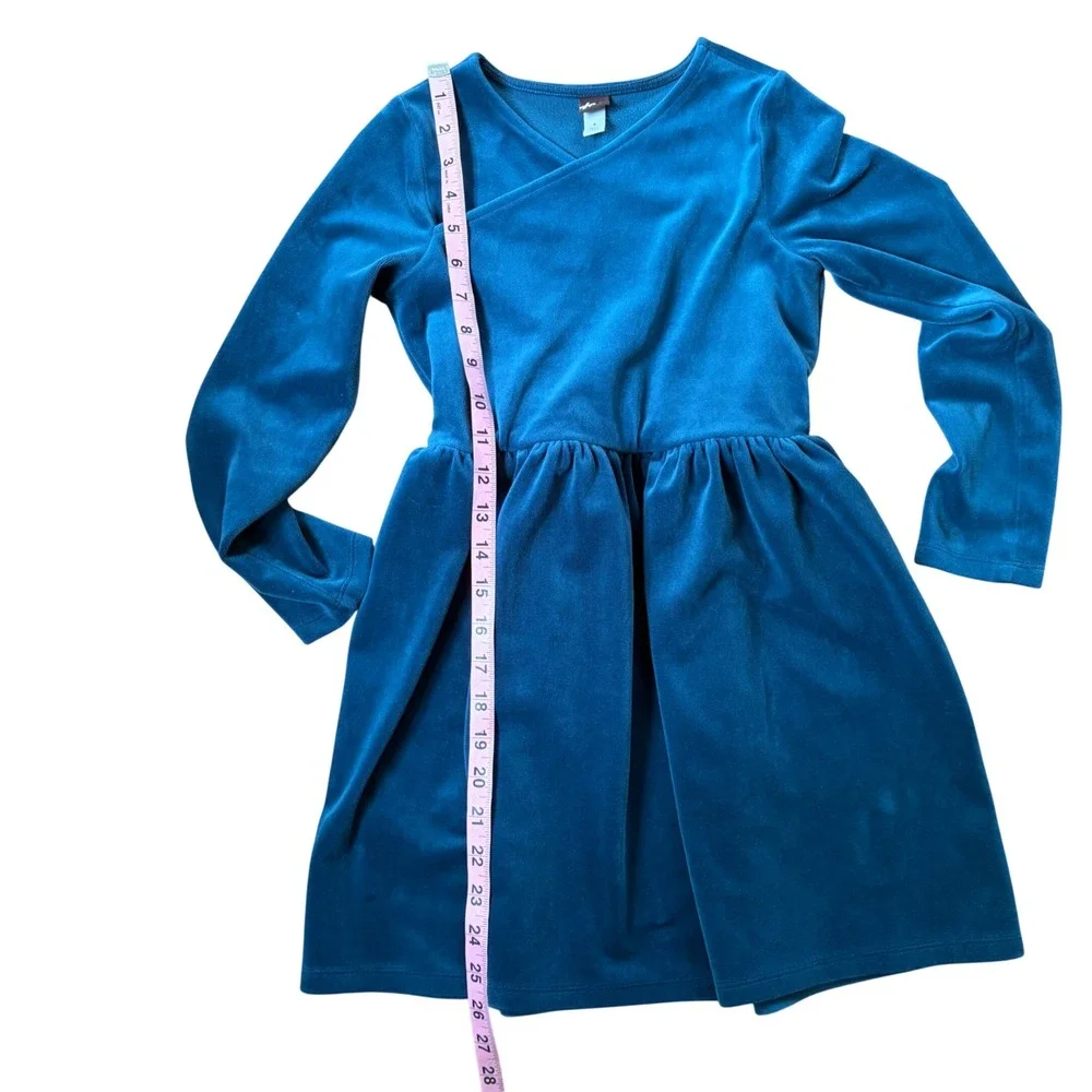 Tea Collection Girls Teal Blue Velvet Long Sleeve Faux Wrap Dress Size 8
